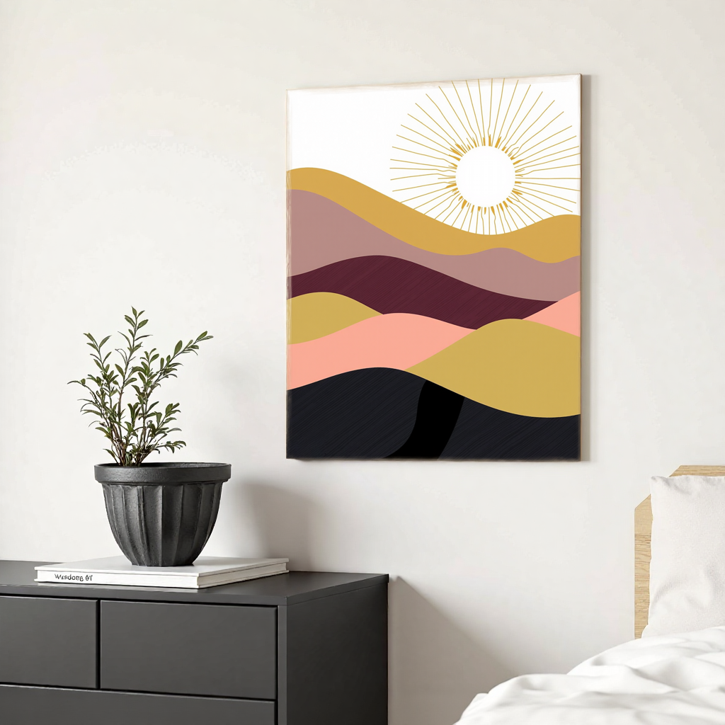 1pc Printed Canvas Wall Art, Abstract Wavy Mountains & Sun Design, Multicolor (Gold/Pink/Purple/Black), Modern Boho Decor for Home, Living Room, Bedroom, Office