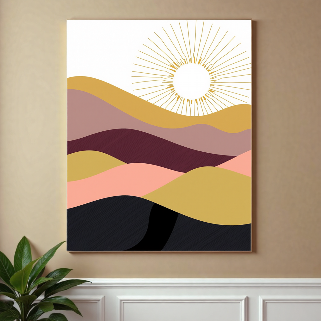 1pc Printed Canvas Wall Art, Abstract Wavy Mountains & Sun Design, Multicolor (Gold/Pink/Purple/Black), Modern Boho Decor for Home, Living Room, Bedroom, Office