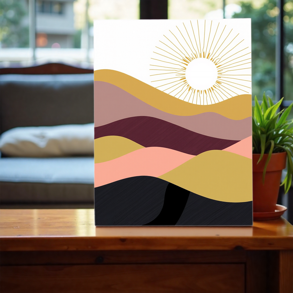 1pc Printed Canvas Wall Art, Abstract Wavy Mountains & Sun Design, Multicolor (Gold/Pink/Purple/Black), Modern Boho Decor for Home, Living Room, Bedroom, Office