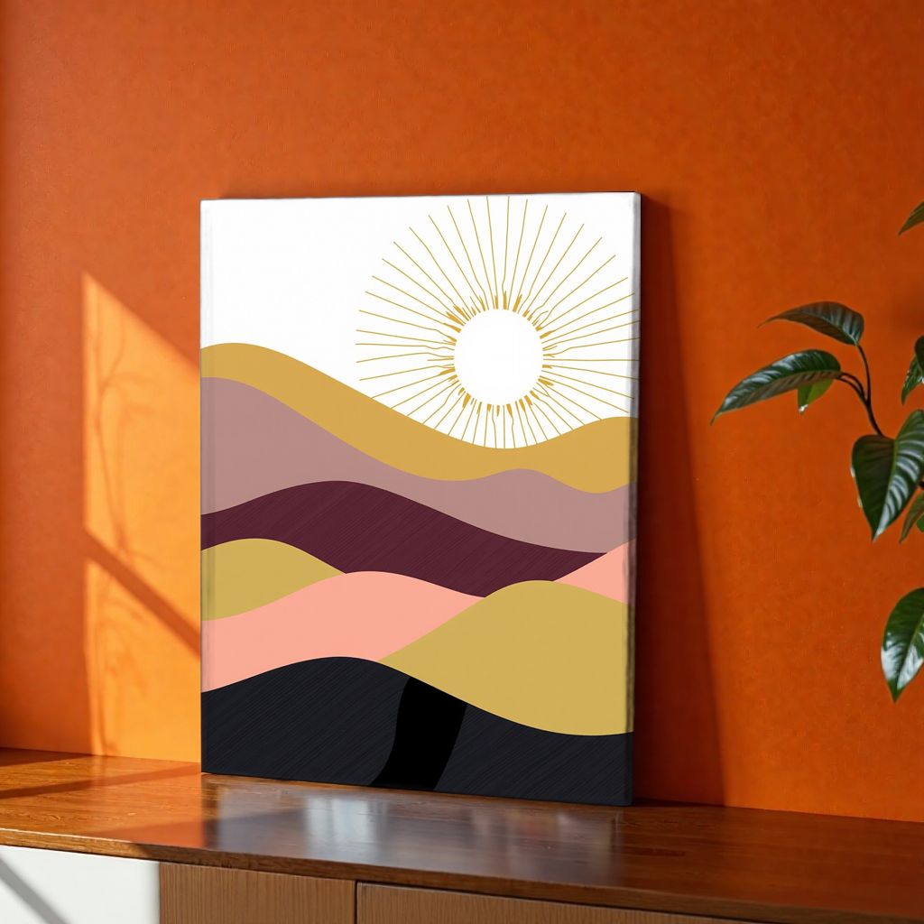 1pc Printed Canvas Wall Art, Abstract Wavy Mountains & Sun Design, Multicolor (Gold/Pink/Purple/Black), Modern Boho Decor for Home, Living Room, Bedroom, Office