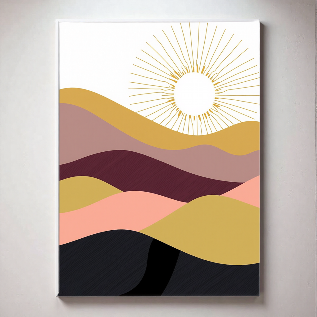 1pc Printed Canvas Wall Art, Abstract Wavy Mountains & Sun Design, Multicolor (Gold/Pink/Purple/Black), Modern Boho Decor for Home, Living Room, Bedroom, Office