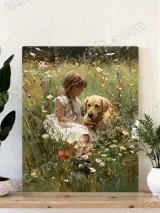 Girl & Golden Retriever Floral Field Canvas Wall Art for Home Decor – view 4