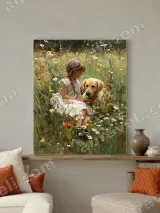 Girl & Golden Retriever Floral Field Canvas Wall Art for Home Decor – view 3