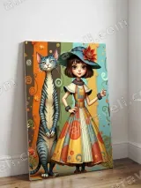 Retro Whimsical Girl & Cat Colorful Canvas Wall Art for Home Decor – view 3