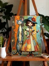 Retro Whimsical Girl & Cat Colorful Canvas Wall Art for Home Decor