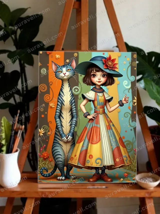Retro Whimsical Girl & Cat Colorful Canvas Wall Art for Home Decor — art print