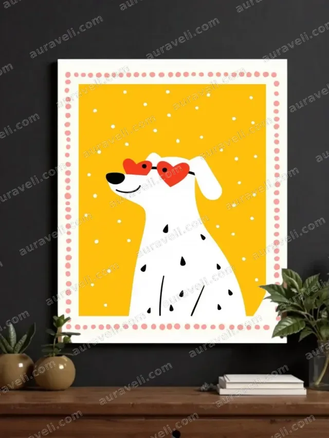 Cute Spotty Dog with Heart Glasses Canvas Wall Art for Living Room Decor — art print