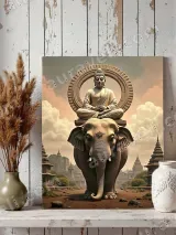 Buddha on Elephant Canvas Wall Art, Zen Oriental Temple Home Decor for Living Room Bedroom