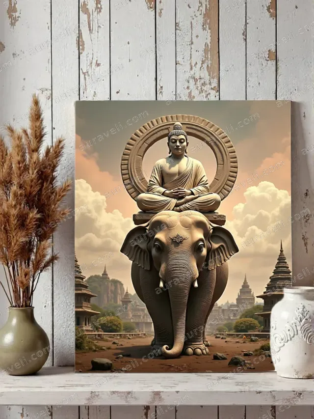 Buddha on Elephant Canvas Wall Art, Zen Oriental Temple Home Decor for Living Room Bedroom — art print