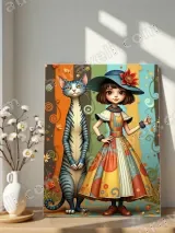 Retro Whimsical Girl & Cat Colorful Canvas Wall Art for Home Decor – view 4