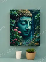 Buddha Head with Waterfall & Floral Nature Canvas Wall Art for Living Room Bedroom Home Decor