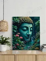 Buddha Head with Waterfall & Floral Nature Canvas Wall Art for Living Room Bedroom Home Decor – view 2