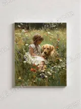 Girl & Golden Retriever Floral Field Canvas Wall Art for Home Decor – view 2