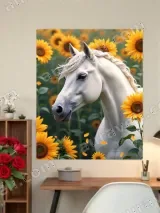 White Horse Sunflower Field Canvas Wall Art for Home Decor