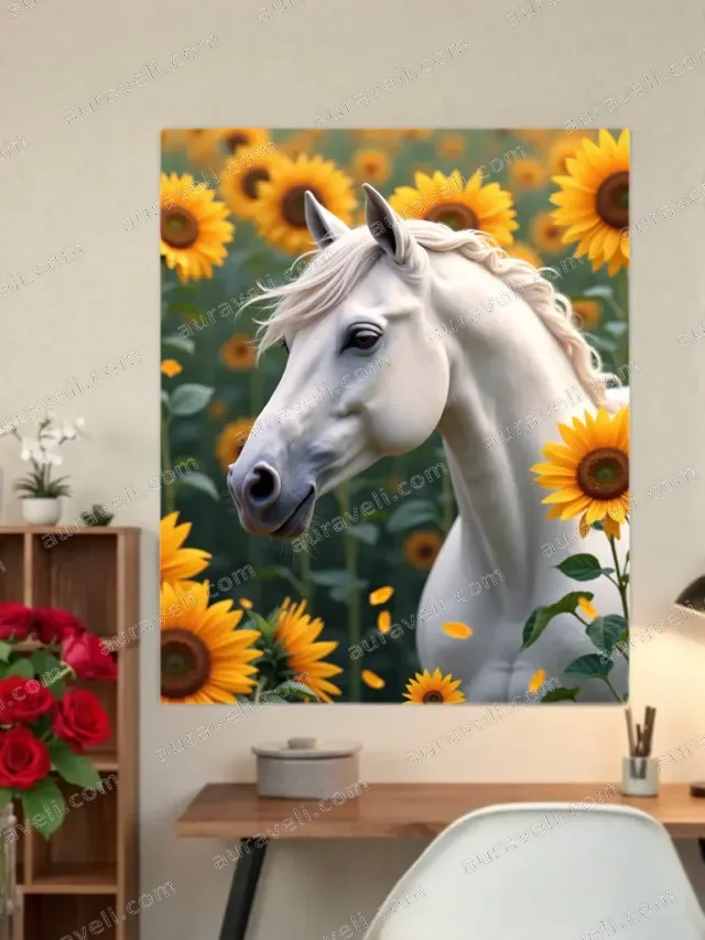 White Horse Sunflower Field Canvas Wall Art for Home Decor — art print