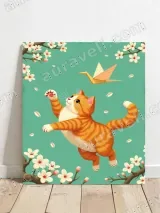 Ginger Cat Origami Crane Cherry Blossom Canvas Wall Art for Home Decor