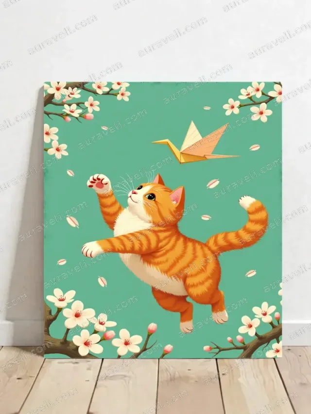 Ginger Cat Origami Crane Cherry Blossom Canvas Wall Art for Home Decor — art print