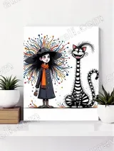 Whimsical Girl & Striped Cat Canvas Wall Art for Home Decor