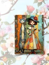 Retro Whimsical Girl & Cat Colorful Canvas Wall Art for Home Decor – view 2