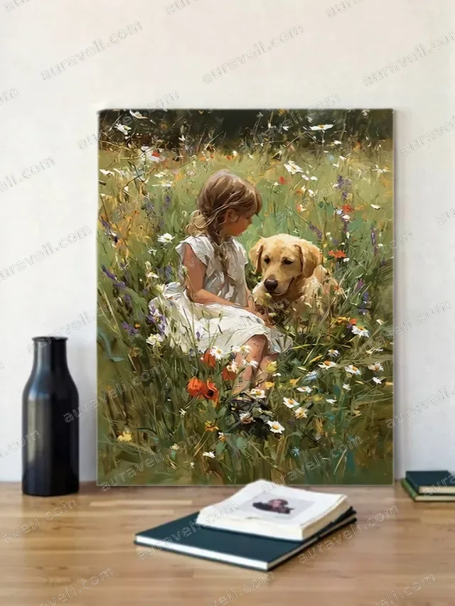 Girl & Golden Retriever Floral Field Canvas Wall Art for Home Decor — art print