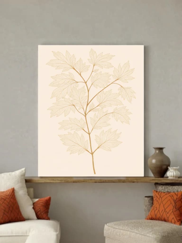 Golden Botanical Leaf Canvas Wall Art for Living Room Decor