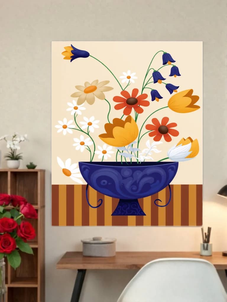 Whimsical Floral Blue Vase Canvas Wall Art for Living Room Decor
