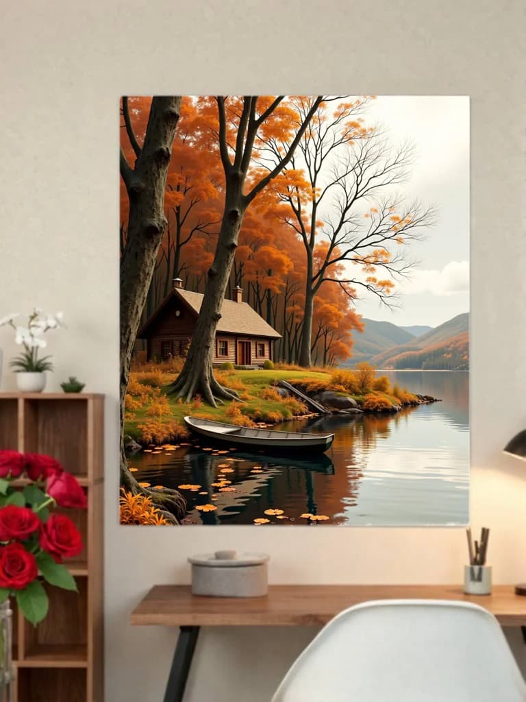 Autumn Lake Cabin Boat Canvas Wall Art for Living Room Bedroom Home Decor