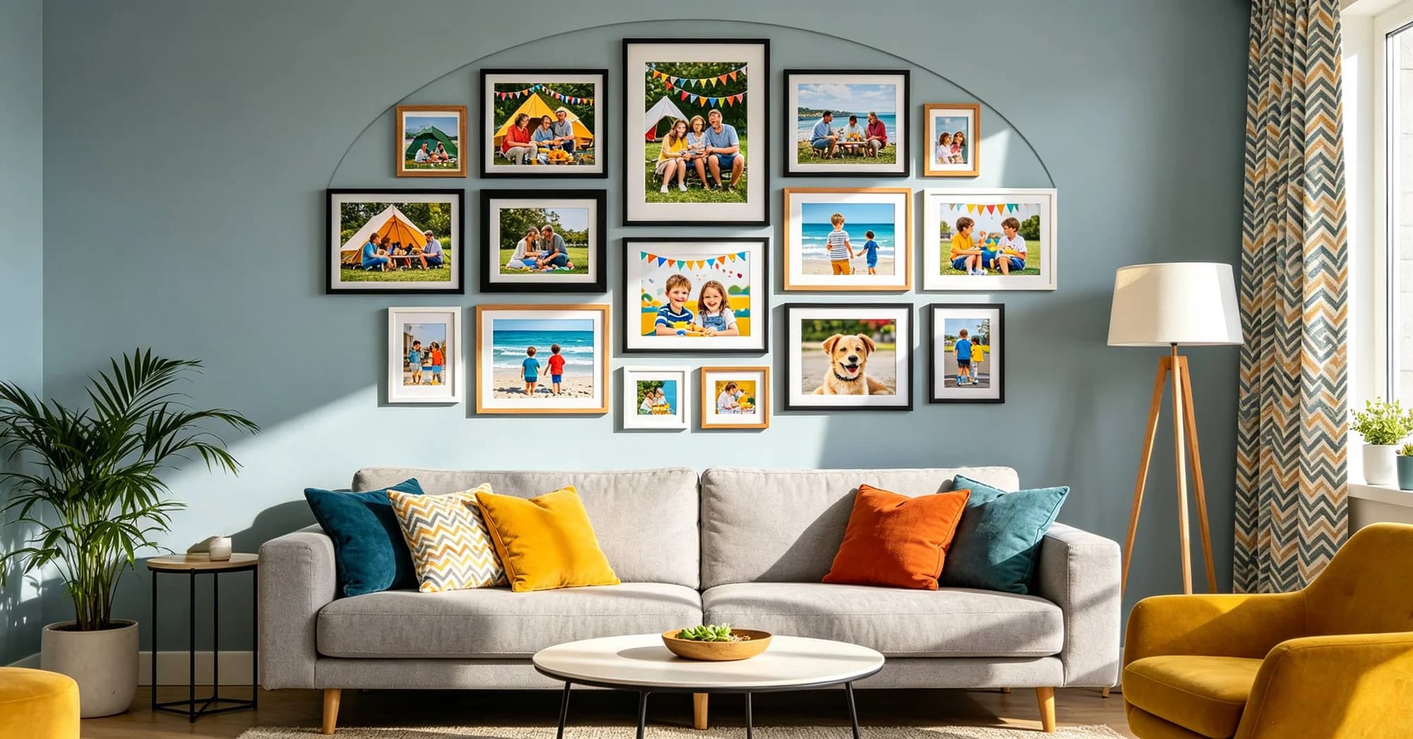 How to arrange a gallery wall set for a family living room?