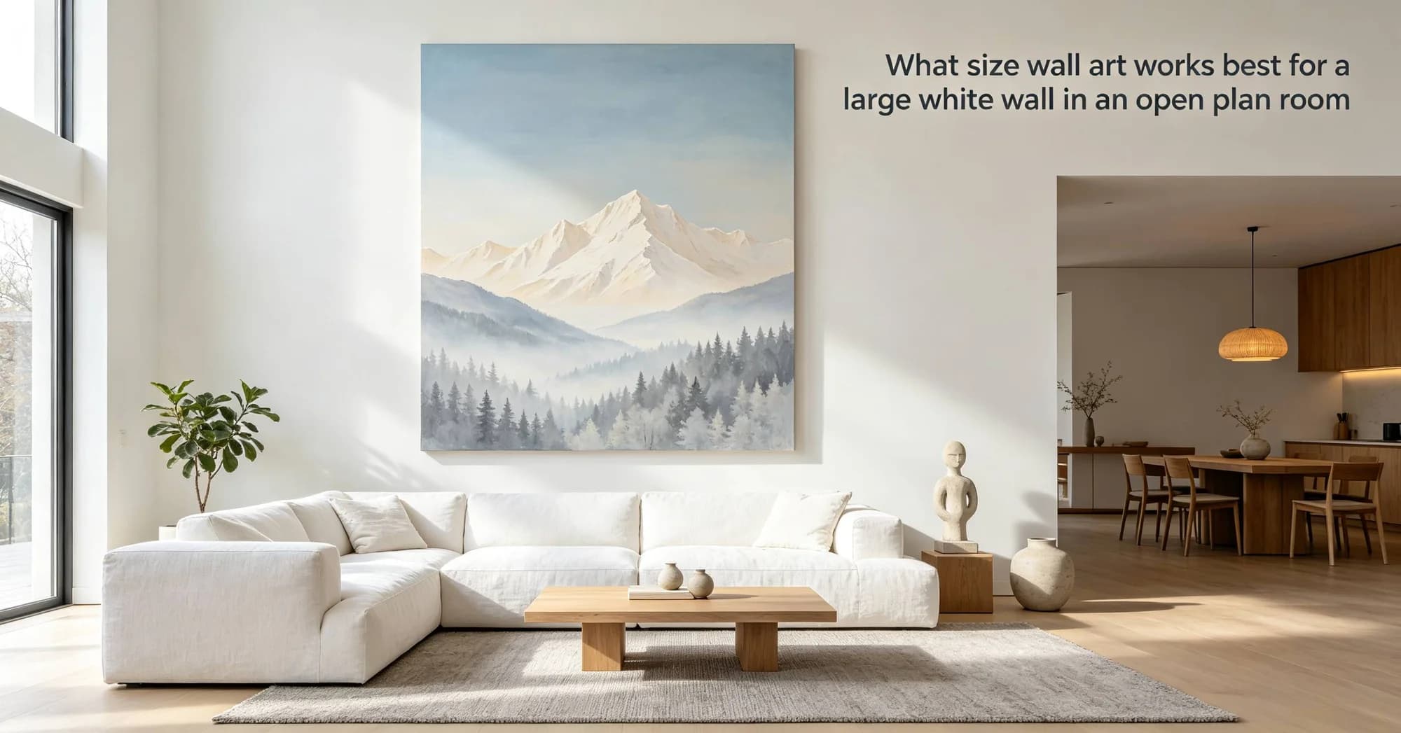 What size wall art works best for a large white wall in an open plan room
