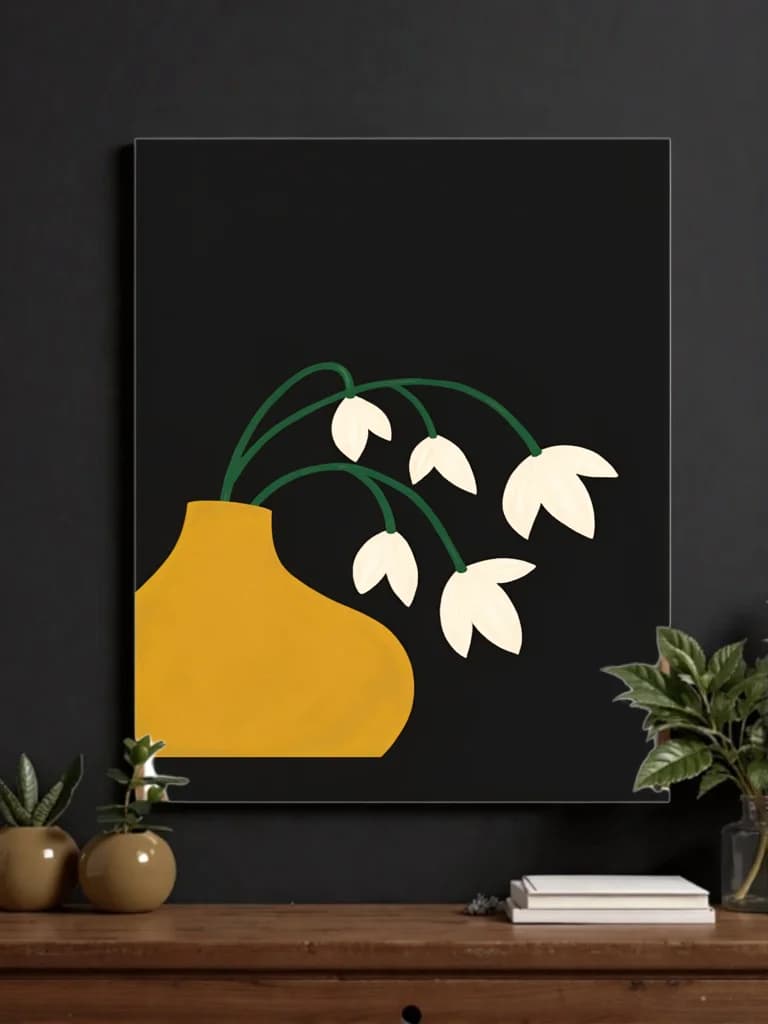 Floral Canvas Wall Art with Yellow Vase - Minimalist Living Room Decor