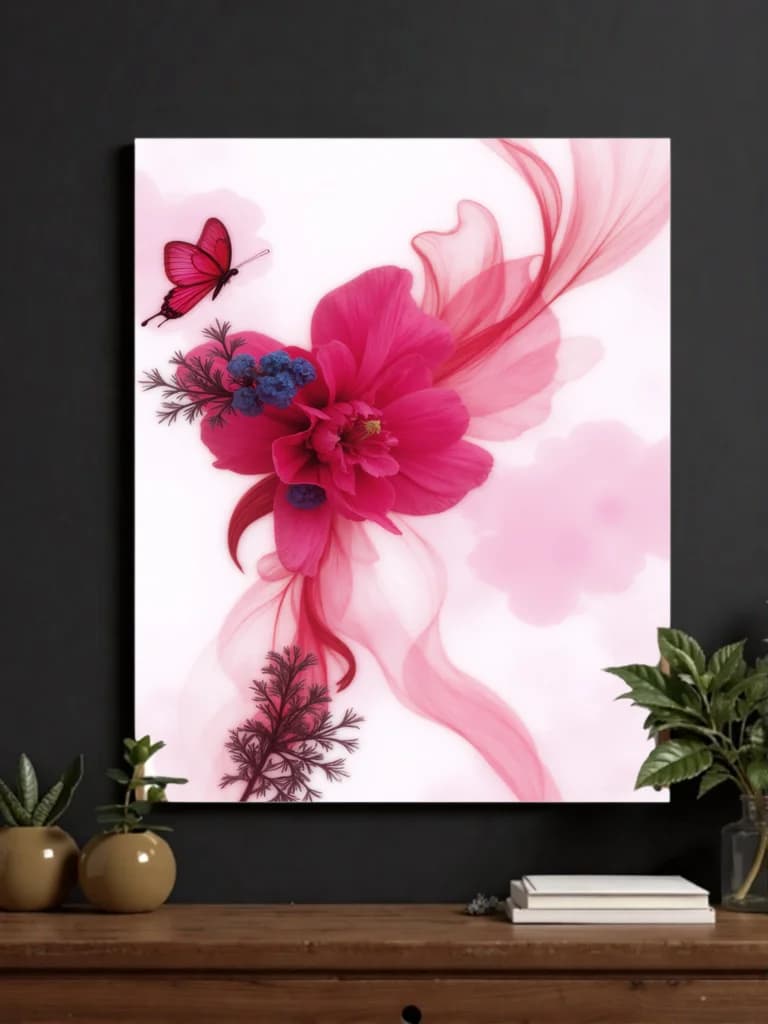 Pink Floral & Butterfly Abstract Canvas Wall Art for Bedroom Living Room Home Decor
