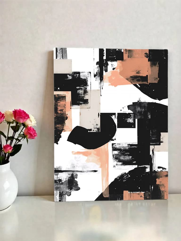 Abstract Black Coral Geometric Canvas Wall Art for Living Room Home Decor
