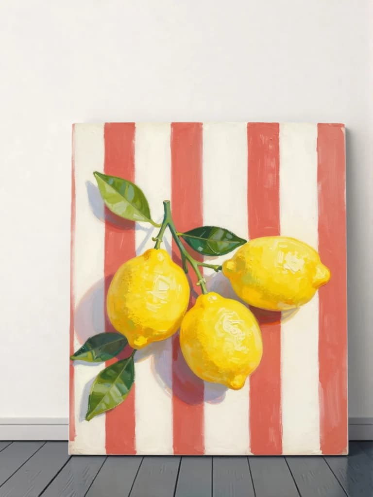 Lemons on Red-White Striped Canvas Wall Art for Home Decor