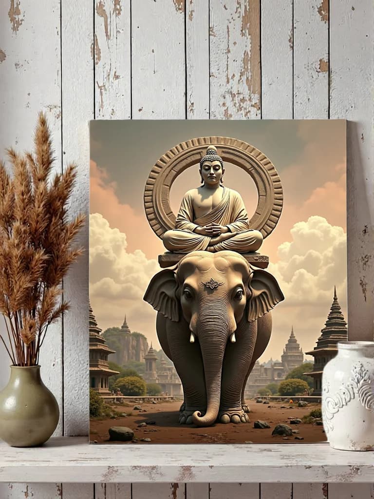 Buddha on Elephant Canvas Wall Art, Zen Oriental Temple Home Decor for Living Room Bedroom