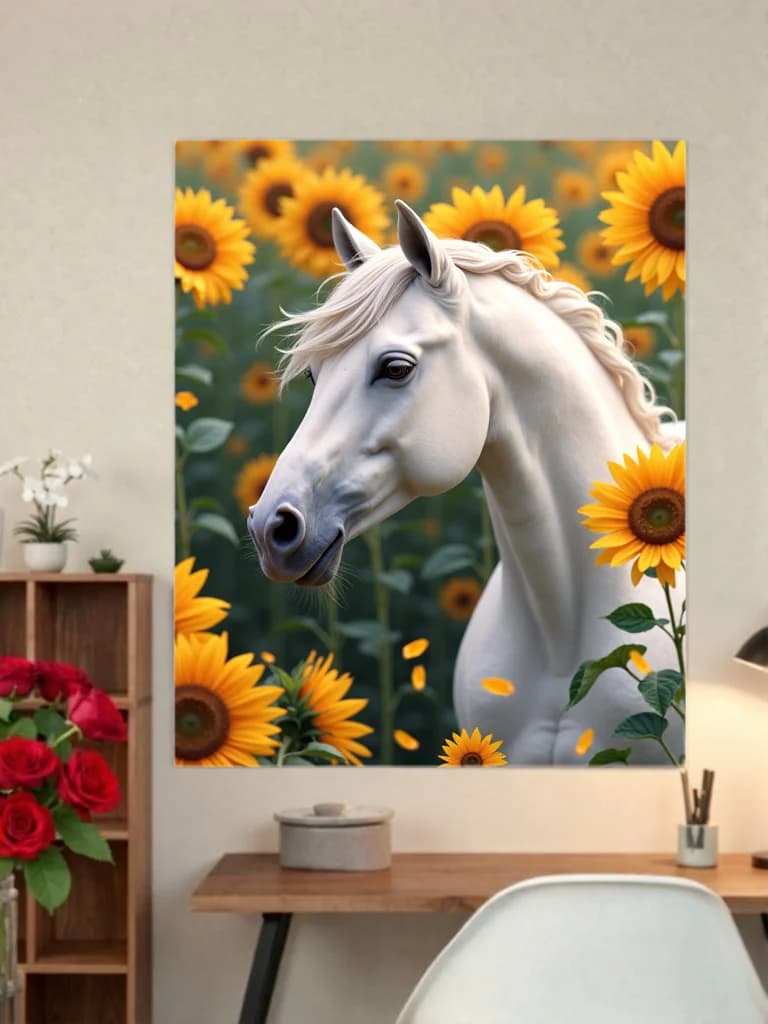 White Horse Sunflower Field Canvas Wall Art for Home Decor