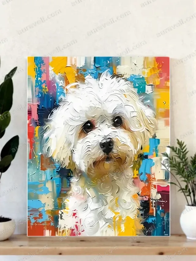 Colorful Abstract White Puppy Canvas Wall Art for Home Decor — art print