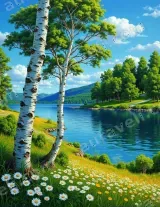 Birch Tree Lake Landscape Canvas Wall Art for Living framed modern home decor