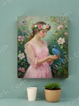 Girl with Blue Bird Floral Wreath Canvas Wall Art for Home Decor – view 2