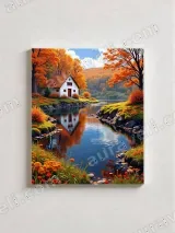 Autumn Cottage River Landscape Canvas Wall Art for Home Decor – view 3