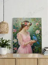 Girl with Blue Bird Floral Wreath Canvas Wall Art for Home Decor – view 3