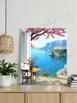 Coastal Balcony Seaview Cherry Blossom Canvas Wall Art for Home Decor – view 4