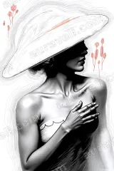 Monochrome Woman Wide - Brim Hat Red Floral Canvas framed wall art for modern home