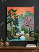 Vibrant Nature Landscape with Bridge & Cherry Blossoms Canvas Wall Art for Home Decor – view 3