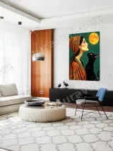 Bohemian Woman & Black Cat Full Moon Canvas Wall Art for Home Decor – вид 5