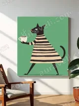 Whimsical Cat with Coffee Cup Striped Dress Canvas Wall Art for Home Decor – вид 3