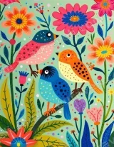 Whimsical Colorful Birds & Floral Canvas Wall Art for Home Decor wall art print