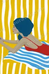 Retro Poolside Woman in Red Swimsuit Canvas Wall Art framed for modern home decor
