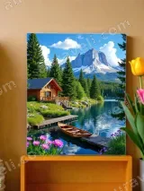 Mountain Lake Cabin Canoe Nature Canvas Wall Art for Home Decor – view 2