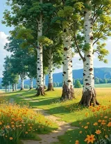 Birch Trees & Orange Flowers Pathway Canvas Wall Art for Home Decor wall art print