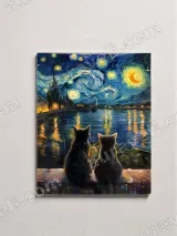 Cats Van Gogh - Style Starry Night Lake Canvas Wall Art for Home Decor – вид 2